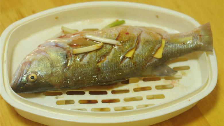 葱香鲈鱼,腌制好的鱼移入微波炉蒸盘里