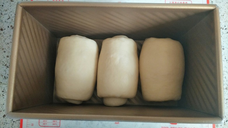 北海道吐司(直接法),放入吐司盒进行最后的发酵，二发温度38度左右，放在烤箱，底下放一盆热水，烤箱不用开起来