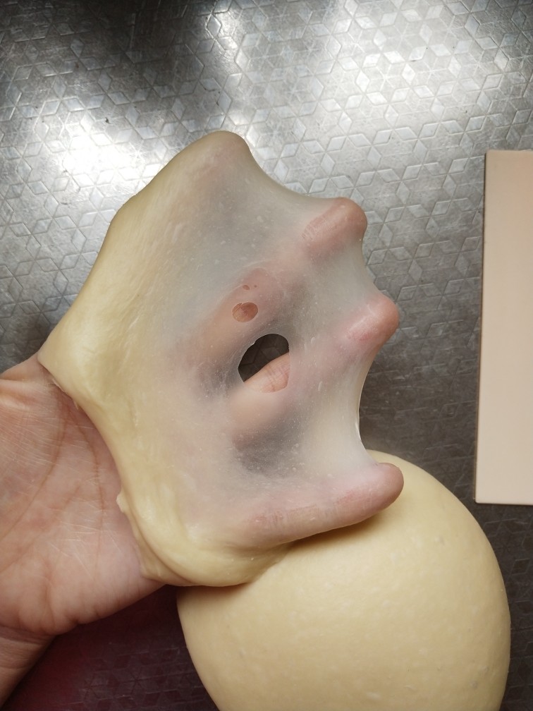 豹纹吐司,面团揉到完全拓展阶段，可以拉出薄薄的手套膜