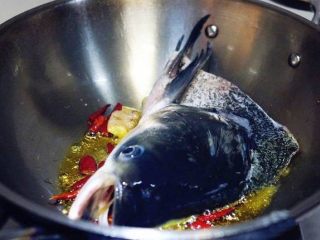 菌类料理+【菌菇鱼头汤】,将控好水的鱼头下锅