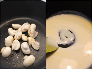 口蘑培根白酱意面,平底锅放入黄油，加热融化，放入面粉，牛奶，加热至稍微粘稠，放入培根和口蘑，备用