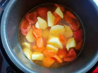 西红柿土豆炖牛腩,再加入胡萝卜和土豆块。
