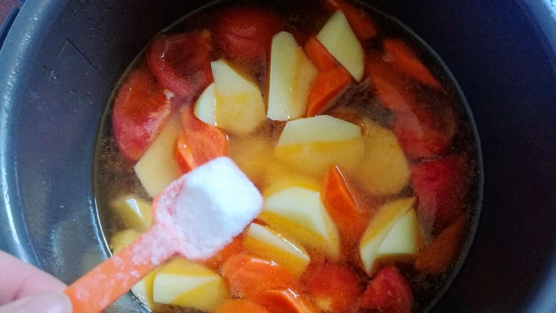 西红柿土豆炖牛腩,再放入适量的盐。