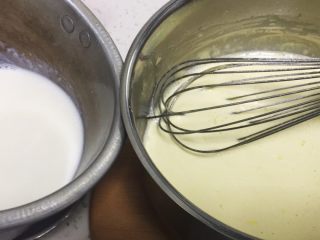 卡仕达蛋糕卷,将沸腾的牛奶分几次加入到蛋黄中，用边加边打的方式，搅拌均匀。