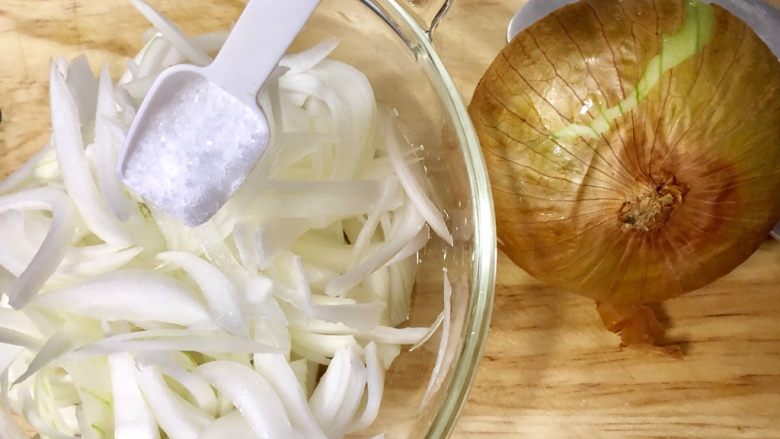 泰式涼拌青木瓜絲,洋蔥切絲加入7.5公克的鹽抓醃，靜置15分鐘