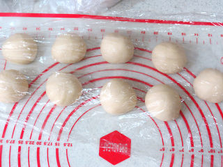 萌萌娃【蜜豆酸奶小餐包】,取出面团，平均分割成9等份，揉圆