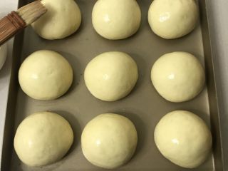 蛋黄豆沙小餐包,送进发酵箱，温度在35度左右，湿度保持在80％左右发酵一倍大，表面刷上全蛋液