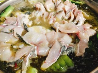 快手酸菜鱼 美味又开胃,蔬菜煮沸腾后，将鱼片放入。