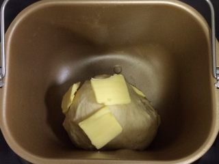 蔓越莓方块小面包,揉至15分钟左右，面团成型，加入黄油继续揉面。
