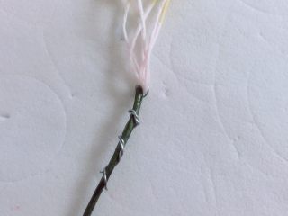 翻糖奥斯汀,上面的丝丝就是淘宝买的做花心的丝丝。取一根粗的铁丝，取3到5根花心（看自己的喜好）用细铁丝绑在粗铁丝上。