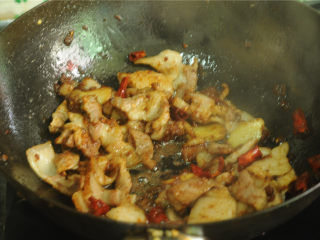 酱烧回锅肉,将猪肉片放入，加入白糖和豆瓣酱炒匀