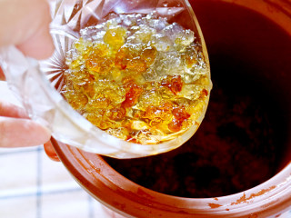 养颜桃胶银耳羹,电炖锅中倒入适量清水，将桃胶、银耳放入煲汤锅中。
