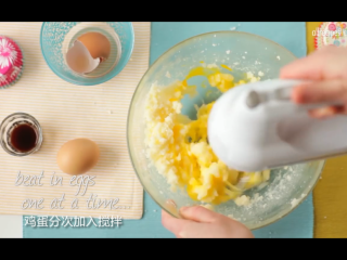 纸杯蛋糕,搅打至颗粒状后，分次加入鸡蛋，充分搅拌均匀后再加入下一枚鸡蛋进行搅打；