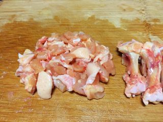 香菇滑鸡,将鸡肉从骨头上剔下来，切成小块。