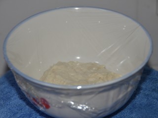 奶酪包（中种法）,盖上保鲜膜，室温发酵半小时后，放入冰箱冷藏发酵15-17小时