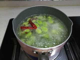春天中的一抹绿-古早盐水蚕豆,水烧开啦，蚕豆和调料已经在水里沸腾啦！