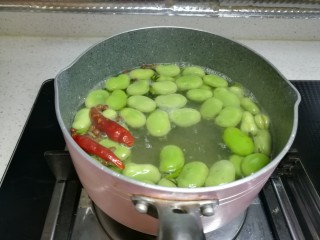 春天中的一抹绿-古早盐水蚕豆,关小火苗时锅里就这样微微沸腾啦！保持这样就行。