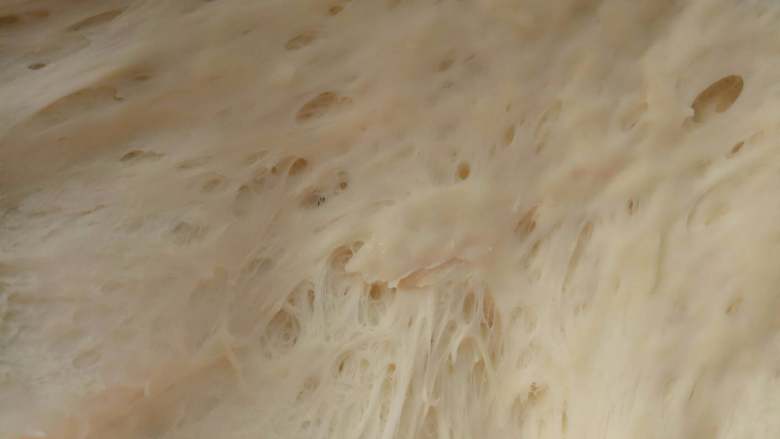  荞麦麻薯蛋黄面包,把中种材料混合揉至无干粉，装入保鲜盒放冰箱冷藏20小时左右(如果着急用可以放在室温3个小时左右)，主要还是看面团的状态。如图出现蜂窝状就可以了。 
