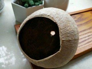 椰肉花生饮,椰壳通了一个孔，可以当花盆了。