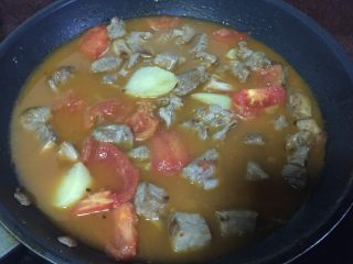 #了不起的小番茄#番茄土豆炖牛腩,最后加入没过牛腩的开水，盖上锅盖大火转小火炖煮1.5~2个小时