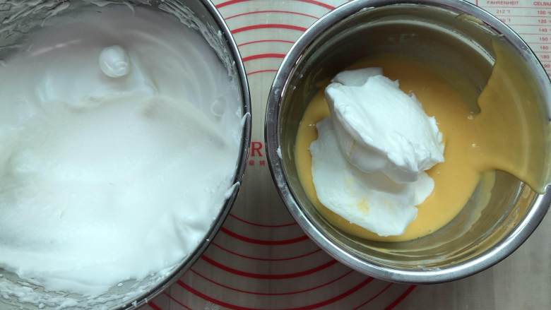 数字蛋糕,将1/2的蛋白霜倒入蛋黄糊中，用手动打蛋器从盆底由下向上快速翻拌