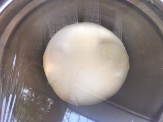 红豆包,将面团揉光滑，盖保鲜膜室温发酵至两倍大