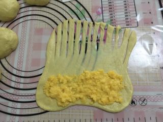奶黄毛毛虫面包,分成大小均匀的面团，拿一块面团,擀成方形,在其中的一边包入奶黄陷,把另一条边切成一条一条的