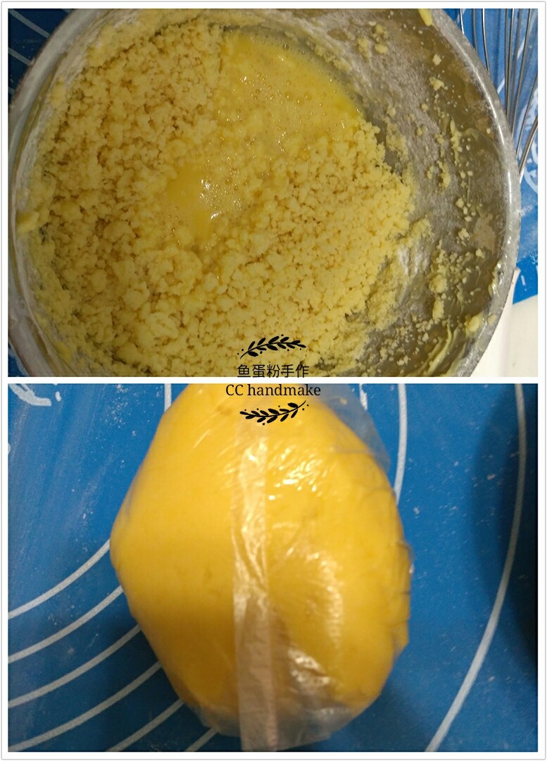 蔓越莓芝士派,在黄油里筛入面粉，并打成细沙状。之后加入全蛋液，中速打发，大概约20秒。面粉仍是细砂砾状态。用手把面粉揉成团，用保鲜膜包好，密封放入冷藏60分钟。
