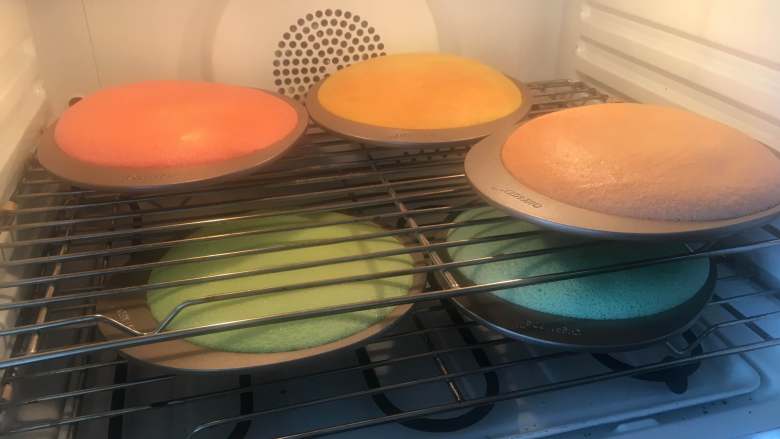 棋格奶油蛋糕，给生活画出一道彩虹,170度烤箱15分钟左右，看着蛋糕膨胀，就觉得有种小幸福呢！40L烤箱，我分两层一起烤，这样可以很好地避免消泡。