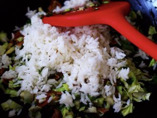 培根鸭蛋杂蔬炒饭,就可以加入米饭继续翻炒了，米饭最好选择蒸那种颗粒分明的好吃，当米饭和所有的食材翻炒均匀后；