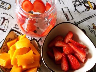 1杯份草莓·芒果·巧克力慕斯,称好重量洗干净的草莓如图所示杯壁贴一圈草莓