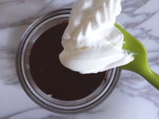 巧克力戚风,取三分之一的蛋白霜加入巧克力面粉中，翻拌均匀