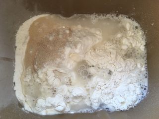 独角兽奶黄包,面包桶内加入面粉，酵母跟水