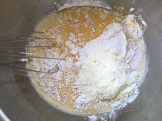 独角兽奶黄包,加入奶粉一起搅拌均匀