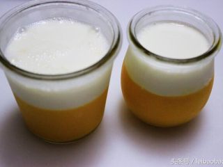 芒果双色布丁,倒入杯子，表面气泡可以用牙签弄掉。放冰箱冷藏一晚。