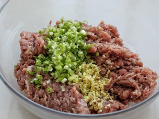 小白菜木耳鲜肉包,在肉馅中放入切碎的葱、姜末
