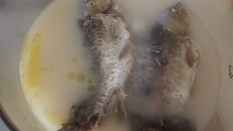 鲫鱼萝卜汤,鱼汤大火烧后，小火慢炖，直到汤水变成奶白色。