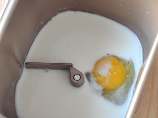 桂花南瓜面包,将牛奶、鸡蛋、糖、盐放入面包机内胆中。