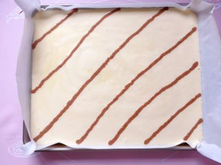酸奶蛋糕,烤盘铺上油纸，倒入面糊，然后用可可面糊在上面划出横线。