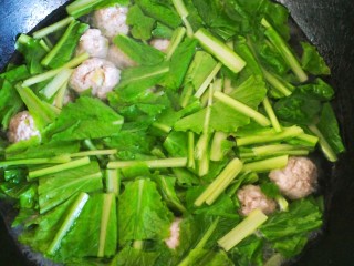 小白菜丸子汤,待丸子都浮起后，放入小白菜，加入适量盐，煮的时间不要过长，影响小白菜的营养和口感