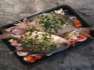 健身减脂杂蔬烤海鱼,用刷子在鱼生刷一层薄油后放入烤盘，并在鱼身撒上少许姜蒜末；