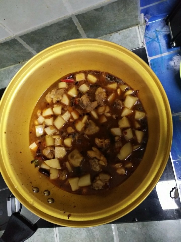 麻辣土豆鸡块,锅内加入适量清水没过土豆，大火烧开，小火炖15到20分钟，到土豆绵软即可