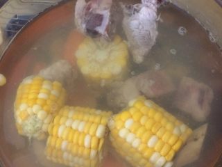 牛蒡排骨汤,煮开后，依次放入玉米、红萝卜、排骨、姜片。