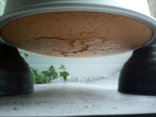 芝麻戚风蛋糕,将出炉的蛋糕立即倒扣在两个碗之间，凉透后才可以脱模。