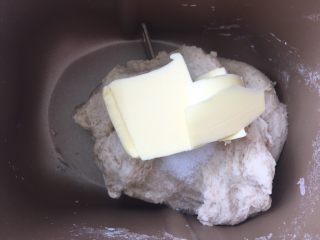 全麦吐司,加入黄油跟盐，继续启动揉面程序，将两种材料揉均匀
