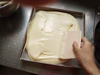 肥宅肉松蛋糕卷,将蛋糕糊倒入烤盘中，用刮板刮均匀