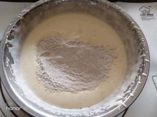 荞麦太妃糖酸奶小蛋糕,放入荞麦粉，切拌均匀。