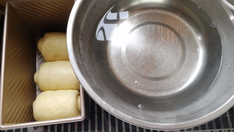 纯牛奶土司,将模具放入发酵箱里面，放入一碗热水，温度保持在38度左右。