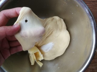 青蛙挤挤小面包,用手揉至扩展阶段，面团能拉出粗膜后，加入盐和黄油（有面包机或厨师机当然更好更方便）