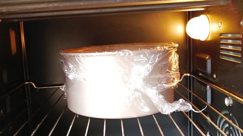 牛奶蔓越莓发糕,模具盖上保鲜膜放置在烤箱发酵（30度）没有烤箱或者烤箱没有发酵功能就放置在温暖处进行发酵